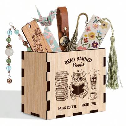 2D Flat 1pc Wooden Bookmark Box, "Read Banned Books, Drink Coffee, Defeat Villains" Funny Cat Theme Open Storage Box, Portable Stationery Organizer, Ideal Gift For Bookworms