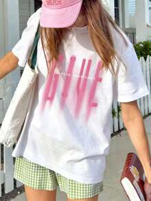 Women's T-Shirt With Letter Print, Fashionable, Versatile, Round Neck, Short Sleeves, Suitable For Everyday Wear. Graphic T-Shirt, Women's White Top, Pink Top, Casual For Summer. - White - View 2
