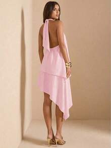 2026 Vestido de satén de línea A con escote halter y espalda descubierta de unicolor amarillo/crema, adecuado para primavera/verano, vacaciones, playa, invitada elegante de boda, fiestas, ocasiones de otoño/invierno, Navidad elegante, Halloween - Rosa coral - Ver 2