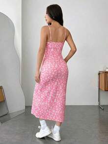 Vestido con estampado de punto, tirantes de espagueti y bajo dividido para mujeres, para vacaciones - Rosa - Ver 2