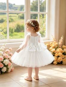 Baby Girls Thick Strap Bow Jacquard Fabric & Mesh Patchwork Cute Flower Girl Dress, Suitable For Birthday Celebration, Headband Not Included - White - View 1