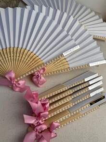 Personalized Wedding Fan With Pearl And Satin Ribbon - Customized Engraved Hand Fan As Bridesmaid Gift, Bridal Shower, Bachelorette Party Elegant Wedding Favor - Nhiều màu - Xem 5