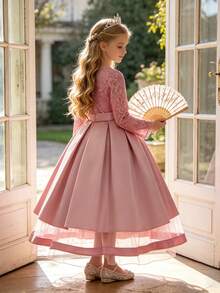 Girls Long Waist-Cinching Formal Dress, Multi-Layer Flower Girl Gown, Princess Dress For Wedding, Graduation Ceremony, All Seasons - Pink - View 2