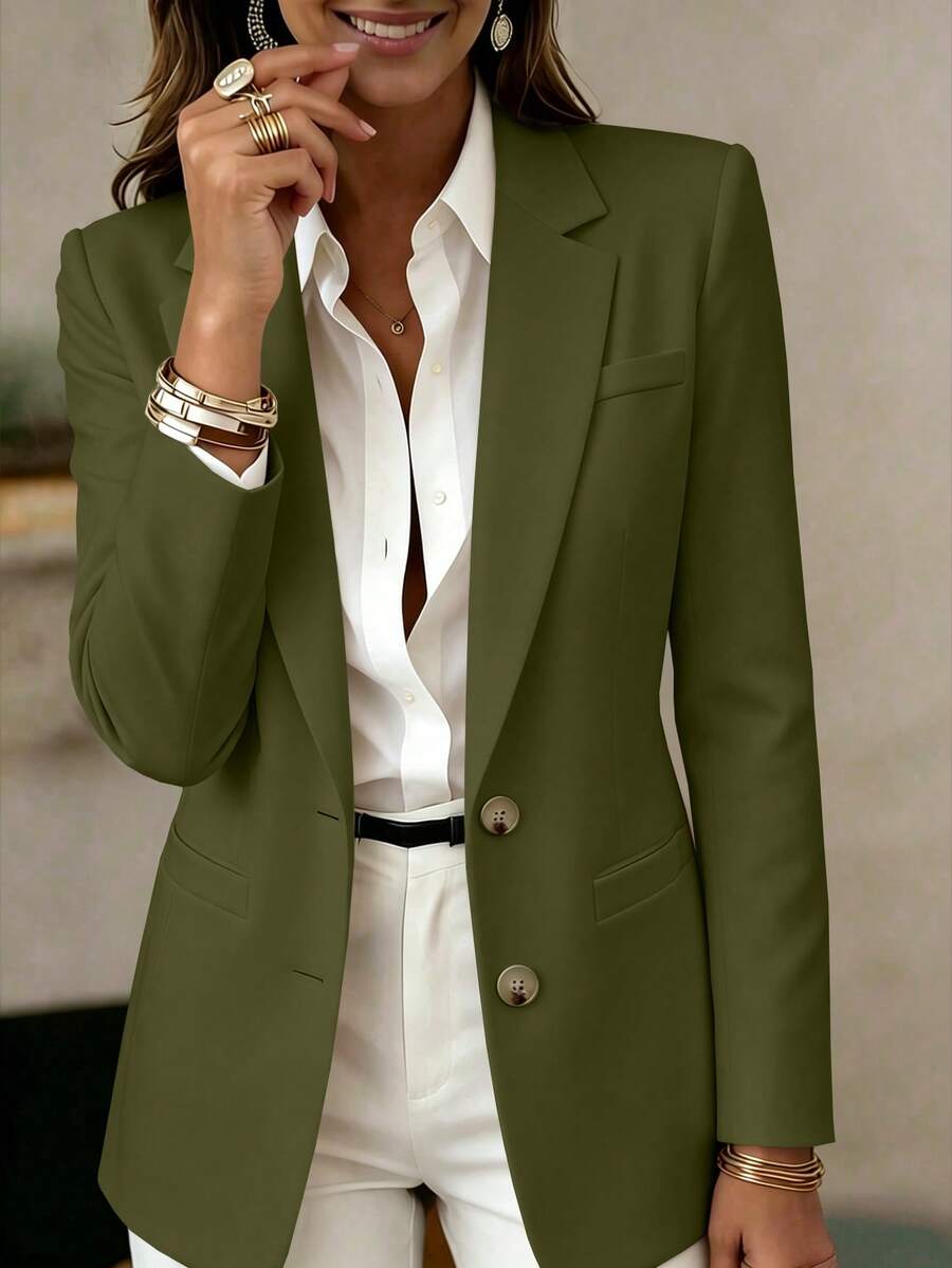 Women's Long Sleeve Lapel Button Jacket, Regular Length Knitted Fabric Lightweight Blazer, Creating An Elegant And Fashionable Academic Style - Dark Green - View 1