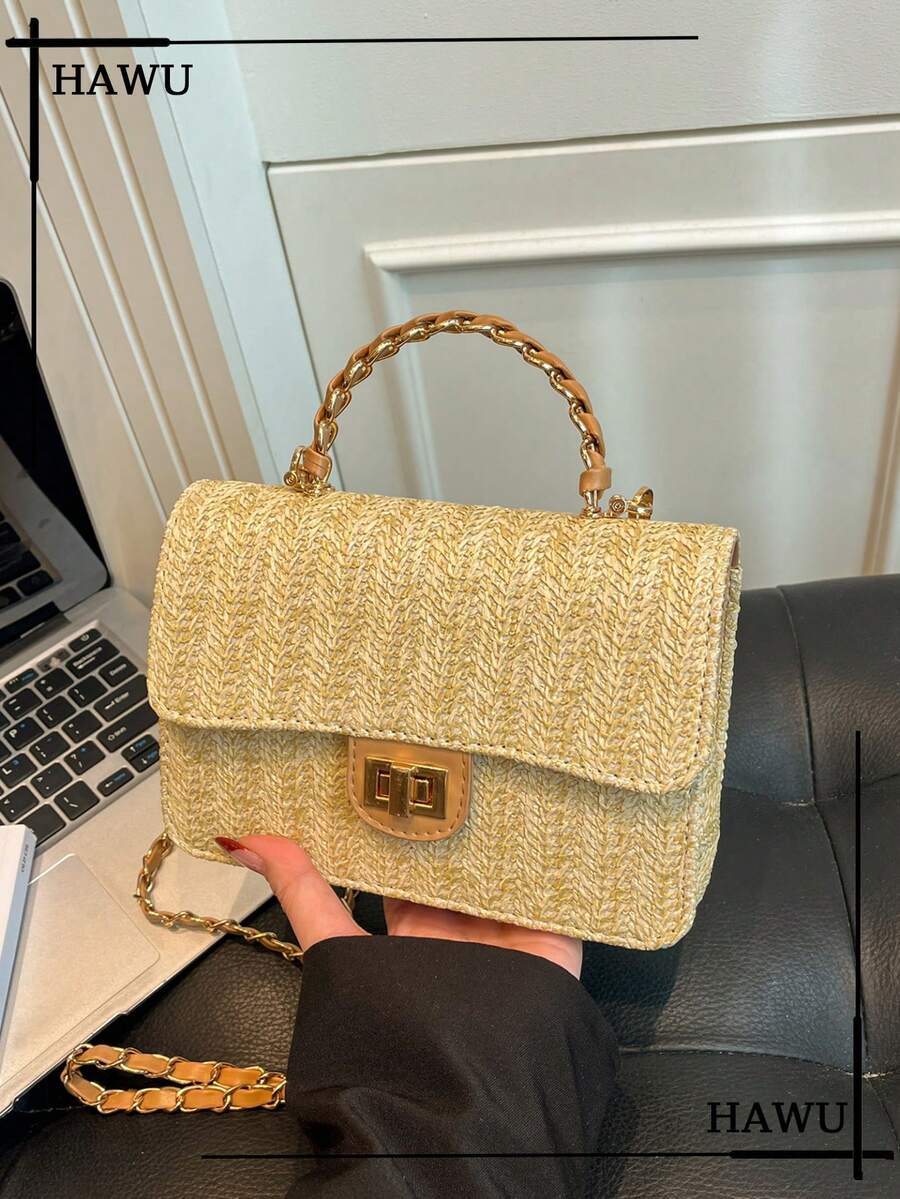 Bolso de hombro de paja con diseño de perlas, bolso cuadrado pequeño para vacaciones en la playa - Caqui - Ver 1