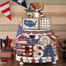 25 Pcs Independence Day Tiered Tray Decor Set | Wooden Patriotic Ornaments | Vintage American Flag | Red White Blue Stars | Rustic Style Decor | Perfect For Memorial Day, 250th Celebration, And Family Birthday Parties - Wooden Freestanding Sun Ornament - View 4