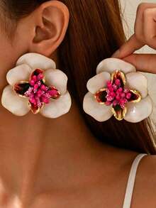 Exaggerated Design Dripping Oil Magnolia Flower Earrings, Niche High-End Earrings - White - View 2