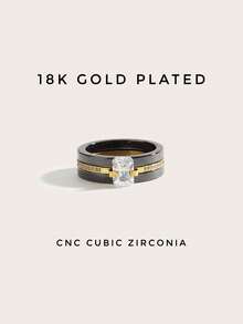1 Peça Anel de Aço Inoxidável Banhado a Ouro 18K com Zircônia Cúbica, Estilo Elegante, Joias Femininas, Casamento, Festa, Encontro Social, Encontro, Presente - ouro negro - Visão 6
