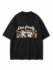 Vintage Graphic T-Shirt With 'Live Freely' Slogan & Paisley Pattern, Casual Summer & Fall Shirt In White/Black, For Everyday, Outdoor, Party - 黑色 - 查看 6