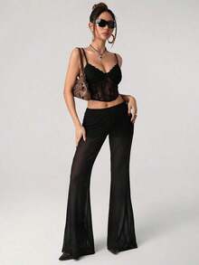 ICON Pantalones acampanados de talle bajo con encaje, de uso elegante y de moda para mujer, inspirados en el estilo y Y2K - Negro 4 - Ver 3