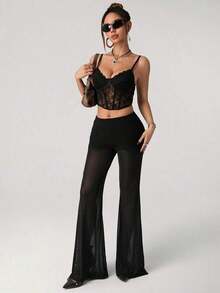 ICON Pantalones acampanados de talle bajo con encaje, de uso elegante y de moda para mujer, inspirados en el estilo y Y2K - Negro 4 - Ver 8