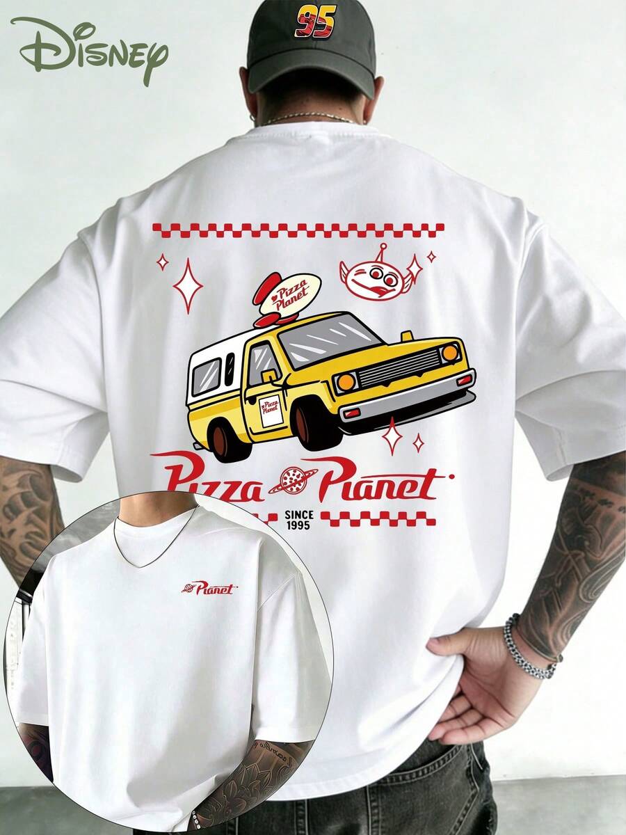 Disney Toy Story Pizza Planet T-Shirt, Summer Toy Story Tri-Eyed Boy T-Shirt, White Pizza Planet Print Pattern - Double-Sided Printed Design T-Shirt, Men's Summer Short-Sleeve Top, High-Quality 100% Cotton Short-Sleeve T-Shirt, Relaxed, Breathable, Casual Pocket Short-Sleeve T-Shirt, Universal For Men And Women, A Must-Have For Disney Fans, Disneyland Travel Wear, Couples, Pocket Casual Everyday Wear, Street Wear, Vacation Wear, Campus Wear - 白色 - 查看 1