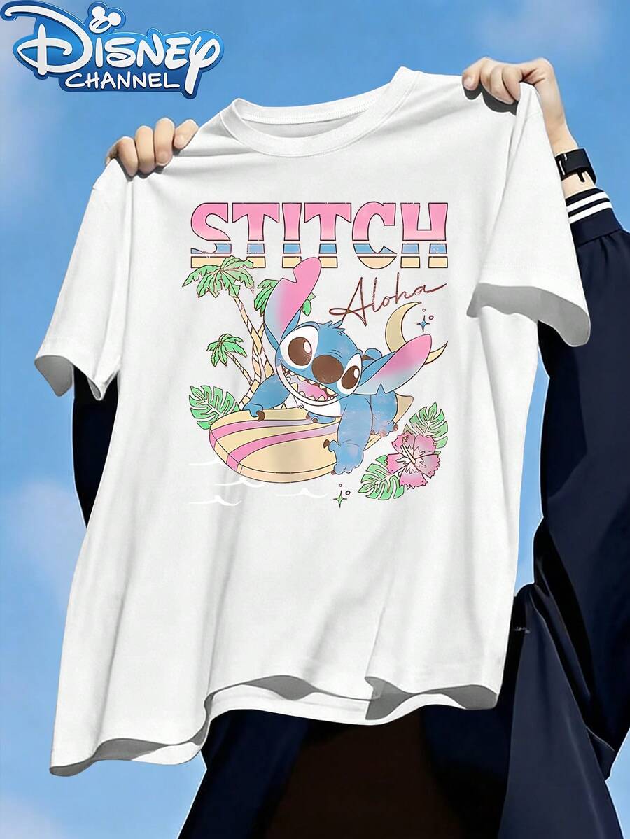 Disney Men's Tropical Print T-Shirt By Stitch From Lilo & Stitch, Designed With A Minimalist And Versatile Fashion Approach, Features A Crew Neck And Is Made From Twill Fabric, Perfect For Casual Summer Wear. - trắng - Xem 1