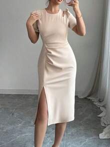 Vestido elegante de mujer de unicolor, cuello redondo, manga corta abullonada y hombros recortados - amarillo ganso - Ver 6