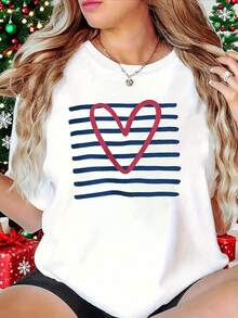Camiseta fresca artística con estampado de rayas horizontales y corazón hueco, manga corta cuello redondo, estilo informal juvenil - Blanco - Ver 1