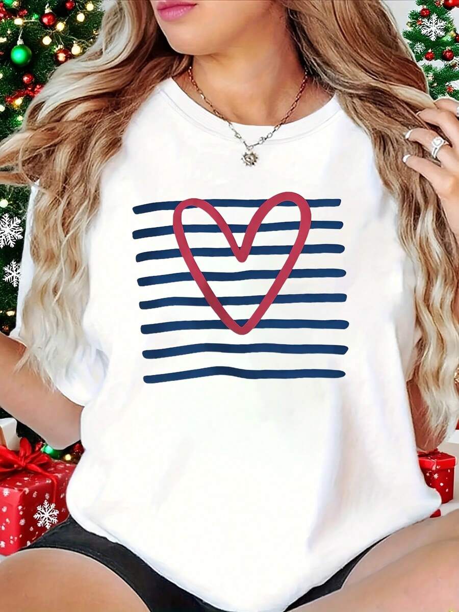 Camiseta fresca artística con estampado de rayas horizontales y corazón hueco, manga corta cuello redondo, estilo informal juvenil - Blanco - Ver 1