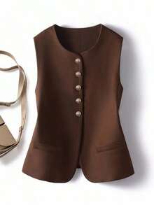 Blusa de cuello redondo con diseño casual y elegante vintage para mujer - Marrón - Ver 1