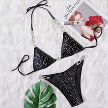 Bikini 2026 Nuevo Modelo Sexy con Rhinestone Dividido Traje de Baño de Mujer unicolor con Tirantes - Negro - Ver 11