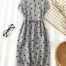 . . Vestido casual elegante y vintage con estampado de lunares, con bolsillos y lazo en la espalda. Silueta minimalista pero refinada de corte evasé con cintura anudada. Vestido versátil de estilo vintage chic para la oficina u ocasiones especiales. Ligero y bohemio con estilo de lunares para primavera/verano y vacaciones. - Rojo - Ver 3