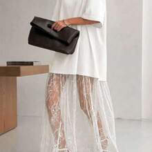 Vestido casual de mujer con parches de encaje de manga corta (sin cinturón), vestido de punto de unicolor con parches de encaje para uso diario, oficina, citas. La longitud y el tamaño se pueden ajustar con un cinturón. El estilo casual es ligeramente grande, se recomienda pedir una talla menos. Elegante negro - Blanco - Ver 1