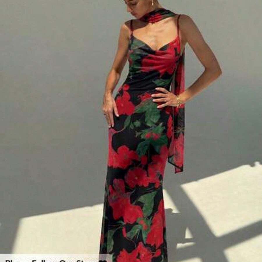 Nuevo vestido con cuello drapeado sexy con espalda descubierta, estampado de malla con flores románticas y tirantes extra largos - Negro01 - Ver 1