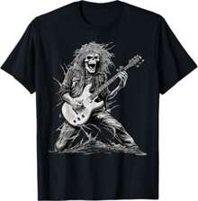 Rock And Roll T-Shirt With Skeleton And Guitar. - 黑色 - 查看 1