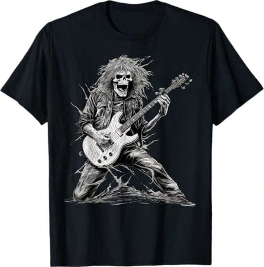 Rock And Roll T-Shirt With Skeleton And Guitar. - 黑色 - 查看 1