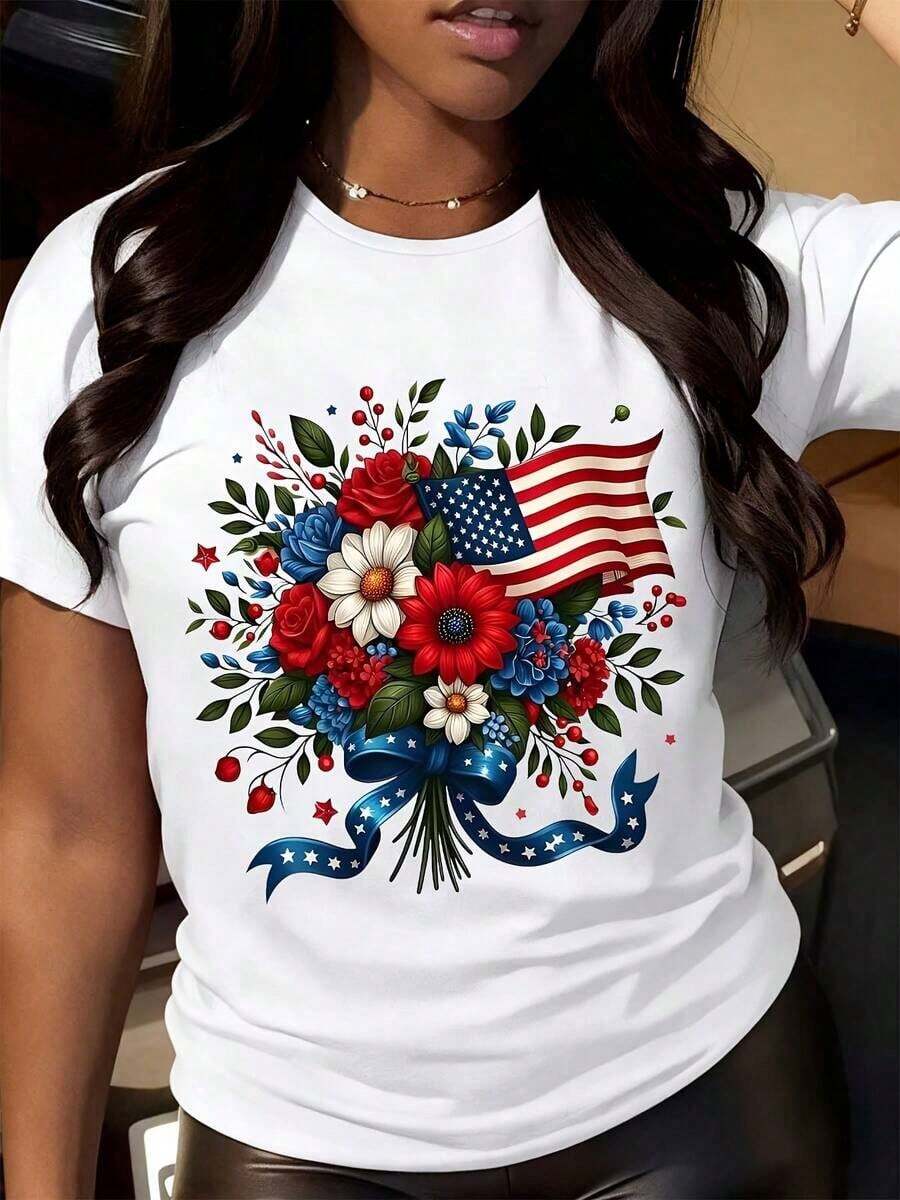 Comfortable For All-Day Wear. This Women's Casual T-Shirt Features A Relaxed Fit, A Crew Neck, And Short Sleeves, With A Patriotic Floral Print Of The American Flag, Perfect For Independence Day Celebrations And Summer Outings. Its Comfortable, Relaxed Fit Flatters All Body Types, While The High-Quality Material Feels Soft Against The Skin And Offers Durability. - 白色 - 查看 1