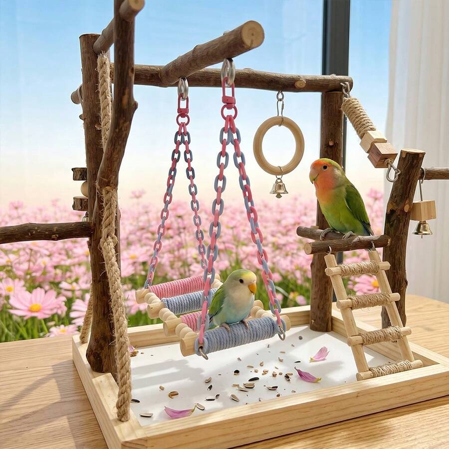 1 pieza Juguete de columpio de cuerda de algodón colorido para loros, accesorio multifuncional para jaula con percha y juguete interactivo, accesorio decorativo para jaula de pájaros para aliviar el aburrimiento de las aves, masticar y moler los dientes, adecuado para periquitos, loros pequeños y loros - Ver 1