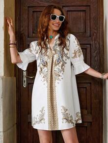 Clasi Vestido elegante con estampado floral y escote calado para mujeres, vestidos de graduación para mujeres, vestido de cintura baja, estilo boho country, ropa de mujer boho - Multicolor 3 - Ver 3