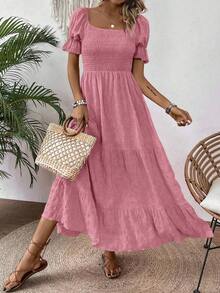Vestido largo de mujer de unicolor con mangas de burbujas texturizadas para vacaciones de verano - Amarillo - Ver 8