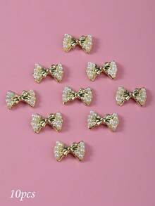 10pcs Nail Charms Nails, Nail Supplies, Bow-Shaped Gold, Silver, White Rhinestone, Faux Pearl Nail Charms, Light Luxury French Style, Versatile Metal Nail Supplies, Valentine's Day, Music Festival, Travel, Holiday Celebrations, Shiny White Rhinestones Nail Gems, Suitable For Multi-Functional DIY Accessories Nail Decoration - Multicolor - View 10