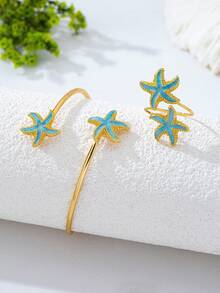 2件套蓝白海星珐琅手链戒指套装，夏季海滩波西米亚风休闲派对日常饰品 - 白色 - 查看 2