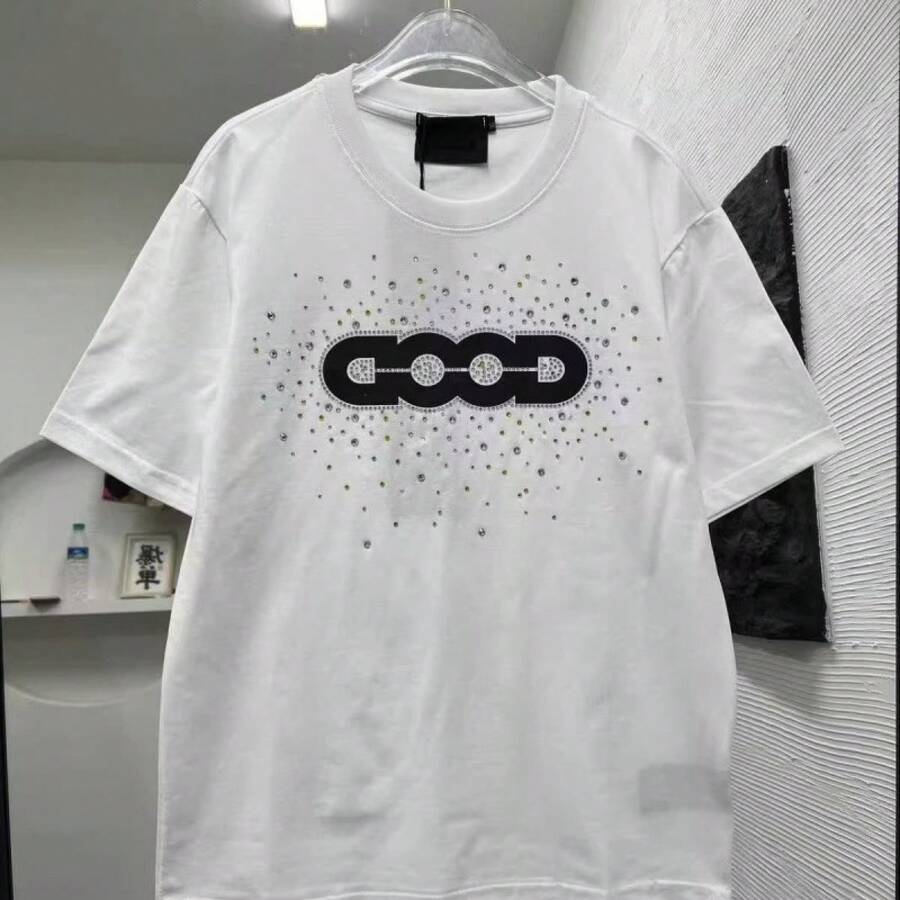 American-Style Rhinestone Short-Sleeved T-Shirt, Just Like The One Worn By Lao Bai And Wang Su-Long, With 3D Rhinestone Print, Couple T-Shirt For Men And Women. - 黑色 - 查看 1