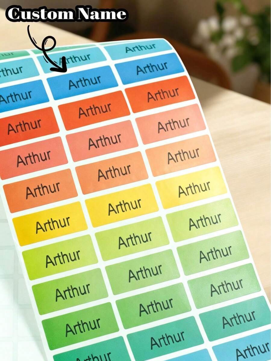 Pegatinas impermeables personalizadas, etiquetas de nombre personalizadas con fondo colorido para pertenencias personales, artículos de oficina y útiles escolares