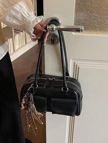 Black Fashionable Motorcycle Style Underarm Shoulder Bag, Multi-Pocket Design Suitable For Work And Commuting - Black - View 4
