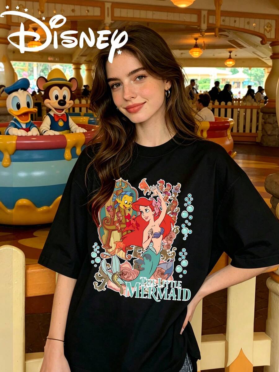 Disney Mermaid Ariel Printed Women's Casual T-Shirt, Round Neck Short Sleeved Design, Fashionable Top, Suitable For Daily Leisure And Gift Giving. - màu đen - Xem 1