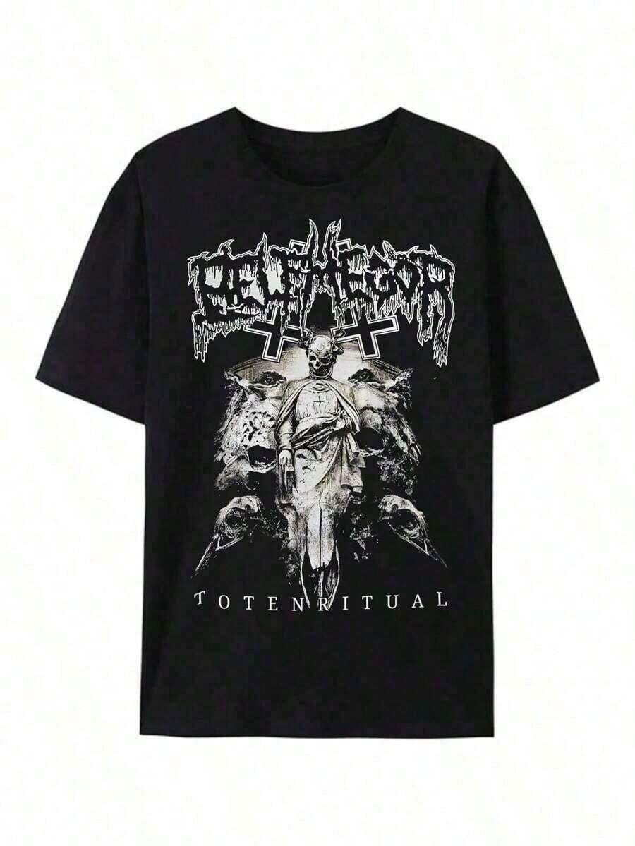 Camiseta estampada de cuello redondo para hombre con dise?o de la banda Belphegor, Cómodamente suave para el uso diario.100 % algodón, 180 g, ideal para primavera y verano, unisex. - Negro - Ver 1