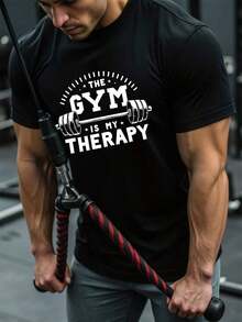 Camiseta deportiva de manga corta con cuello redondo, estampado de mancuerna y letra para hombres.Ropa de gimnasio para hombres, camisetas de gimnasio para hombres, camisetas de gimnasio, cómodas, transpirables y camiseta de compresión que absorbe la humedad para hombres - Negro - Ver 1