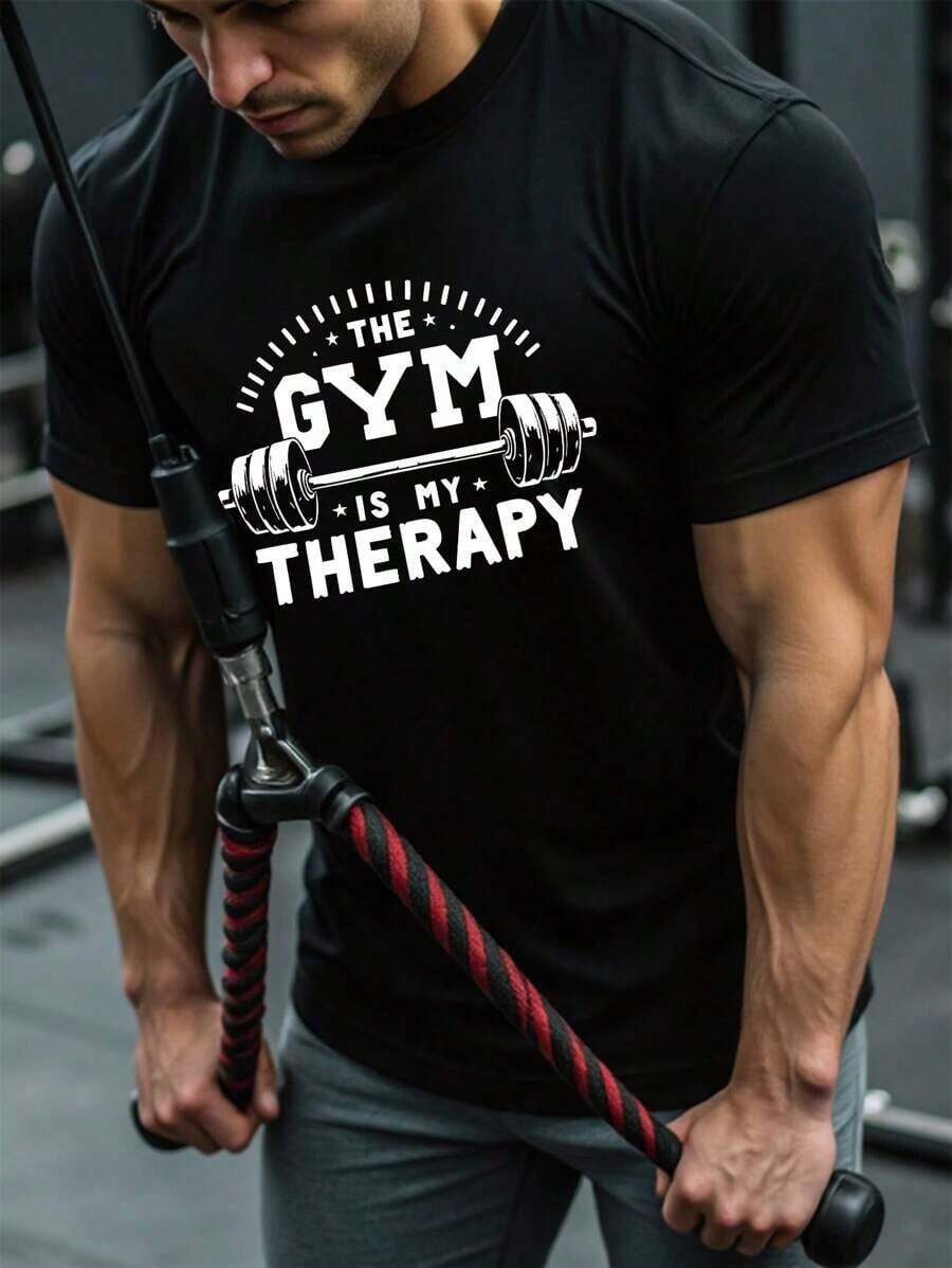 Camiseta deportiva de manga corta con cuello redondo, estampado de mancuerna y letra para hombres.Ropa de gimnasio para hombres, camisetas de gimnasio para hombres, camisetas de gimnasio, cómodas, transpirables y camiseta de compresión que absorbe la humedad para hombres - Negro - Ver 1