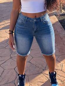 Quần lửng denim cạp cao dáng ôm, rách gấu, giặt mài, kiểu dáng mùa hè. - Màu xanh lam - Xem 3