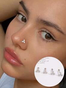 Accesorios para perforación del Body humano - Flor pequeña de plata S925 con incrustación de diamante, perno nasal de rosca con parte superior plana y perno para el hueso nasal - soltero - Ver 1