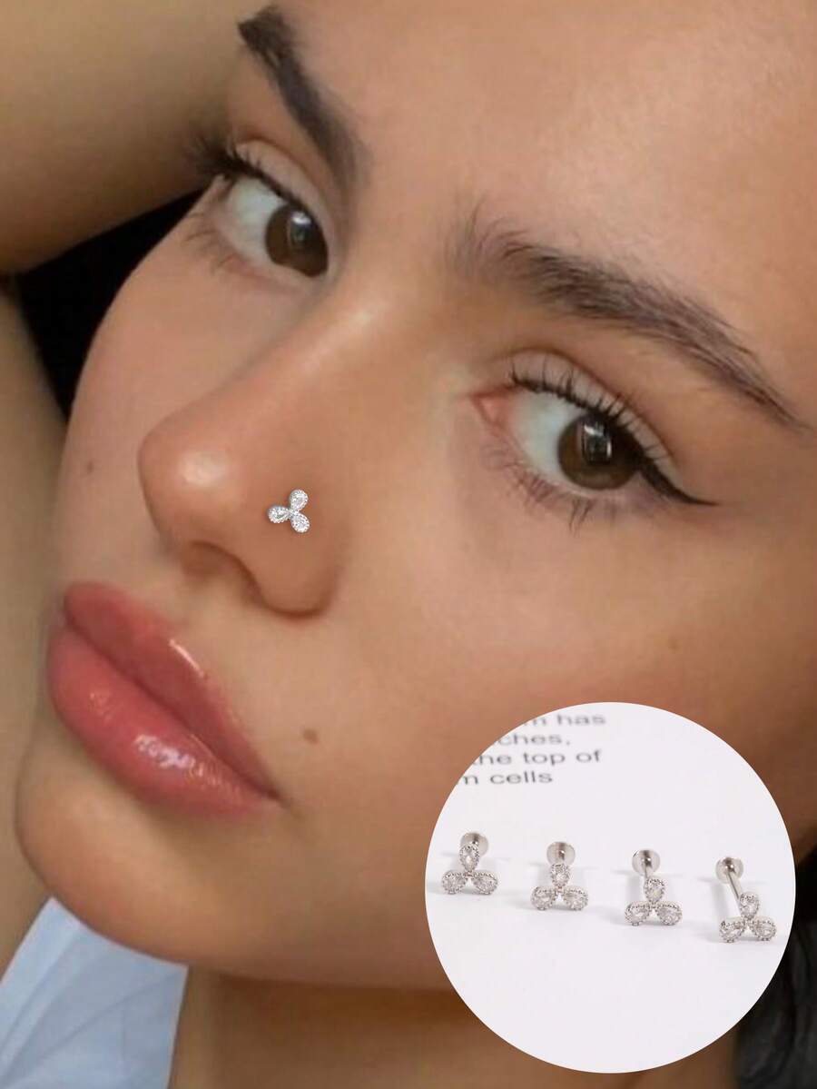 Accesorios para perforación del Body humano - Flor pequeña de plata S925 con incrustación de diamante, perno nasal de rosca con parte superior plana y perno para el hueso nasal - soltero - Ver 1