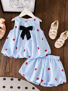 2pcs/Set Toddler Girls' Summer Outfit - Blue & White Striped, Strawberry Print, Bow Decor Sleeveless Top And Shorts, Suitable For Vacation, Casual Outings, Sister Matching, Family Events, School Wear - Baby Blue - View 9