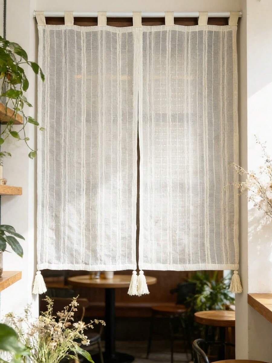 1pc Bohemian Style Vertical Stripe Linen Transparent Door Curtain With Tassel Decoration, Natural Rustic Blackout Privacy Window Curtain For Kitchen, Bathroom, Bedroom, Small Window, Living Room Home Decor