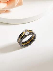 1 Peça Anel de Aço Inoxidável Banhado a Ouro 18K com Zircônia Cúbica, Estilo Elegante, Joias Femininas, Casamento, Festa, Encontro Social, Encontro, Presente - ouro negro - Visão 2