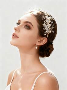 1pc Elegant Fairy Gold Tone Wire-Wrapped Crystal Pearl Leaf Bridal Headband -Wedding Hair Accessory For Brides, Bridesmaids, Balls &Special Occasions - Gold - View 6