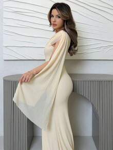 Vestido de gasa con cuello asimétrico y empalme de unicolor, estilo elegante para mujer - Albaricoque - Ver 4