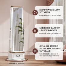 HWB LED Mirror Jewelry Cabinet Standing, 360°Swivel Jewelry Armoire With Full Length Mirror, Mirror With Jewelry Storage And Large Wooden Drawer For Christmas Gifts,White - 白色 - 查看 8