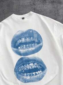 T-shirt blanc à manches courtes avec imprimé de lèvres et ornements de strass dentaires, style délavé et décontracté, adapté au printemps/été, un cadeau amusant pour - Blanc - Voir 2